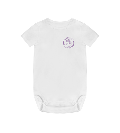 'Keep It Groovy' Baby Bodysuit - White With Purple Print